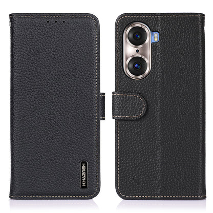 KHAZNEH Full Stylish Litchi Texture Wallet Case Genuine Leather Folio Flip Stand Cover for Honor 60 Pro