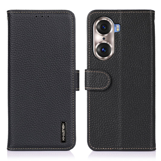 KHAZNEH Full Stylish Litchi Texture Wallet Case Genuine Leather Folio Flip Stand Cover for Honor 60 Pro