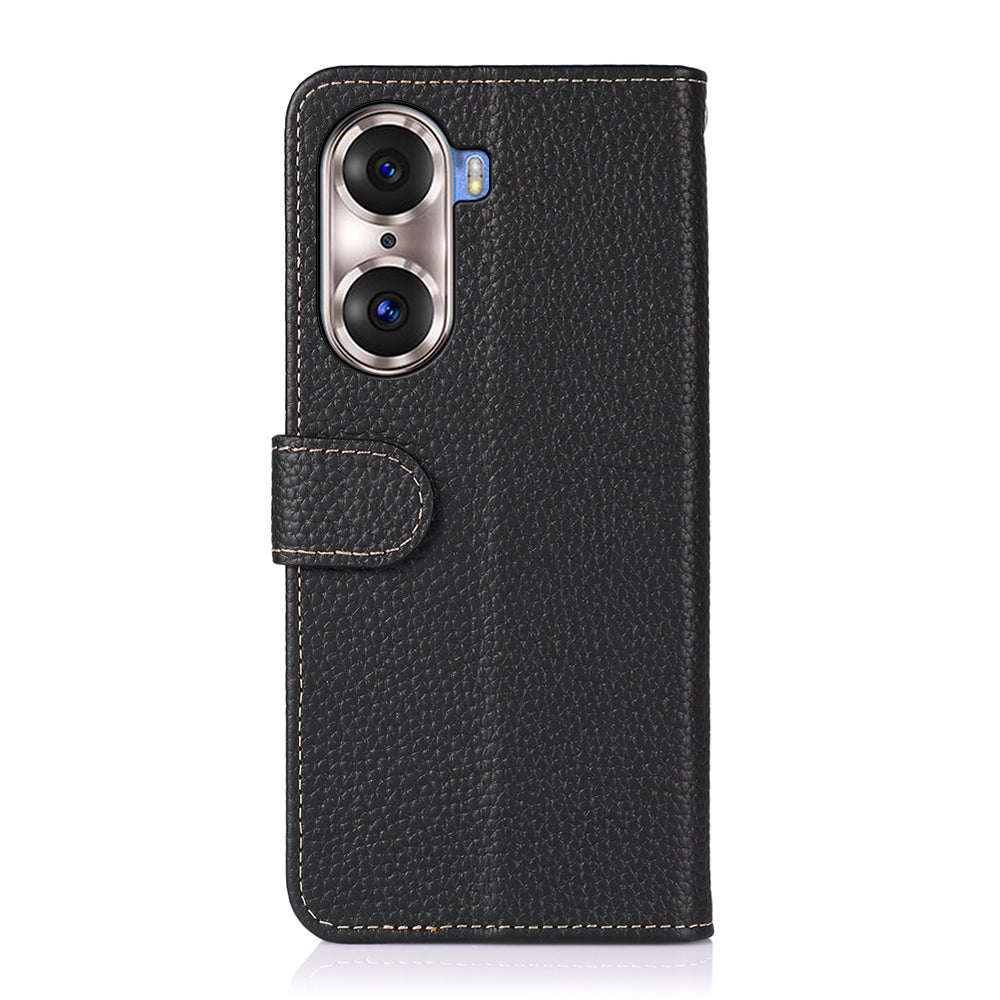 KHAZNEH Full Stylish Litchi Texture Wallet Case Genuine Leather Folio Flip Stand Cover for Honor 60 Pro