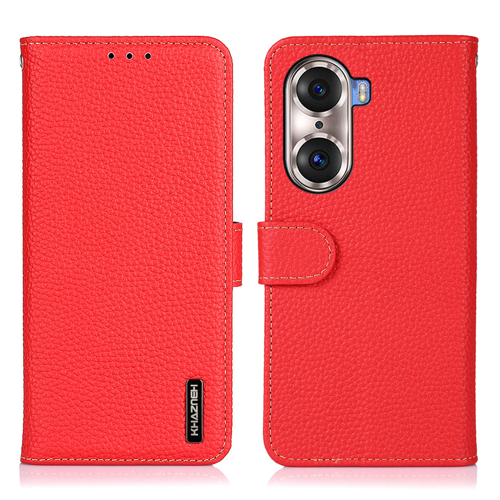KHAZNEH Full Stylish Litchi Texture Wallet Case Genuine Leather Folio Flip Stand Cover for Honor 60 Pro