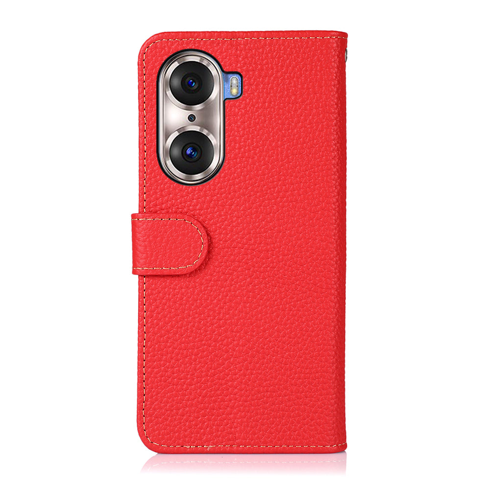 KHAZNEH Full Stylish Litchi Texture Wallet Case Genuine Leather Folio Flip Stand Cover for Honor 60 Pro