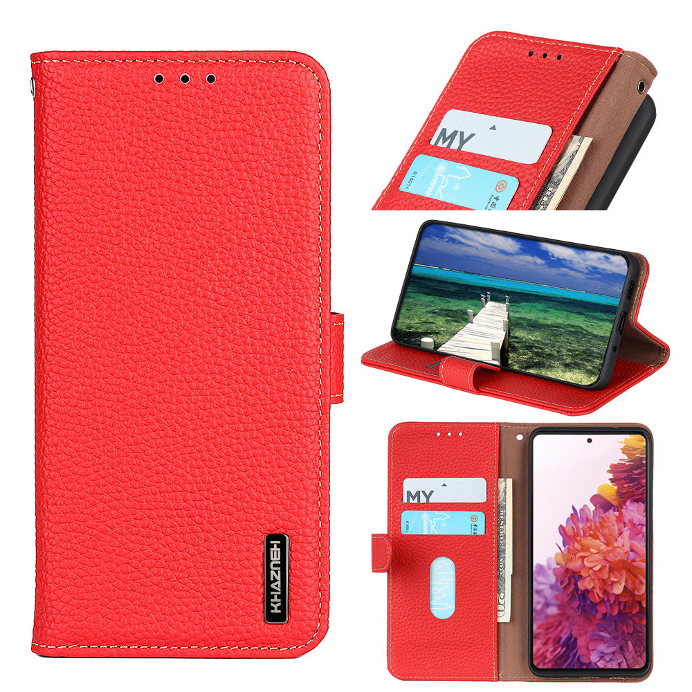KHAZNEH Full Stylish Litchi Texture Wallet Case Genuine Leather Folio Flip Stand Cover for Honor 60 Pro