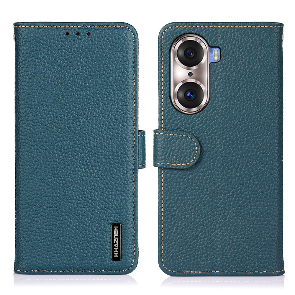 KHAZNEH Full Stylish Litchi Texture Wallet Case Genuine Leather Folio Flip Stand Cover for Honor 60 Pro