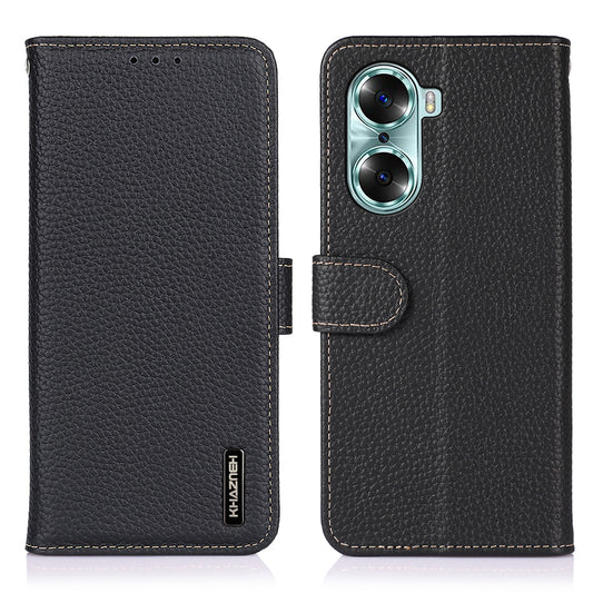 KHAZNEH Litchi Texture Genuine Leather Wallet Folio Flip Cover Magnetic Closure Stand Phone Case for Honor 60