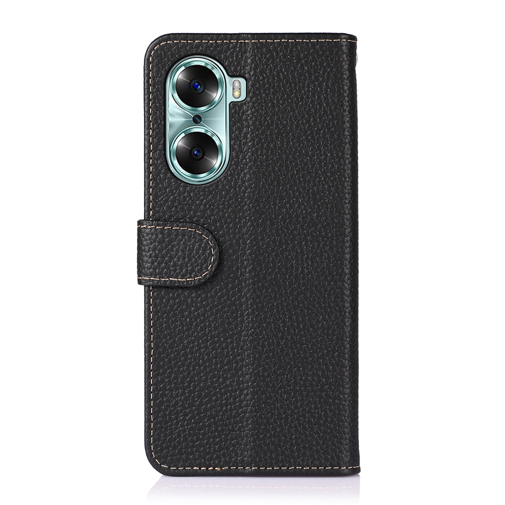 KHAZNEH Litchi Texture Genuine Leather Wallet Folio Flip Cover Magnetic Closure Stand Phone Case for Honor 60