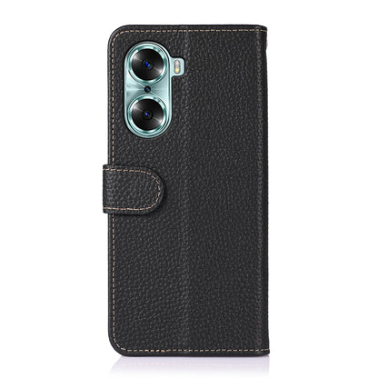 KHAZNEH Litchi Texture Genuine Leather Wallet Folio Flip Cover Magnetic Closure Stand Phone Case for Honor 60