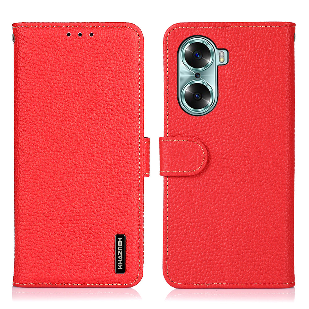 KHAZNEH Litchi Texture Genuine Leather Wallet Folio Flip Cover Magnetic Closure Stand Phone Case for Honor 60