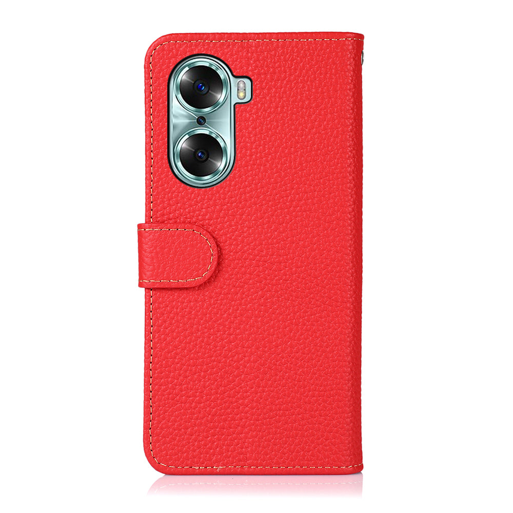 KHAZNEH Litchi Texture Genuine Leather Wallet Folio Flip Cover Magnetic Closure Stand Phone Case for Honor 60