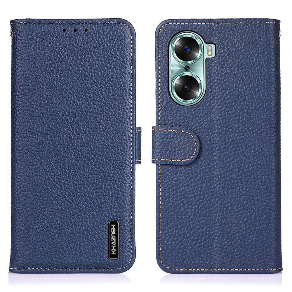 KHAZNEH Litchi Texture Genuine Leather Wallet Folio Flip Cover Magnetic Closure Stand Phone Case for Honor 60
