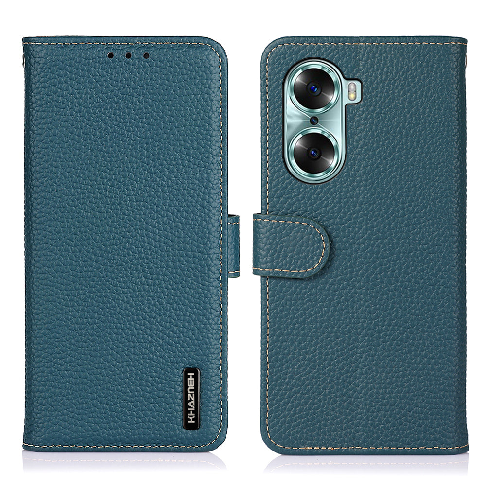 KHAZNEH Litchi Texture Genuine Leather Wallet Folio Flip Cover Magnetic Closure Stand Phone Case for Honor 60