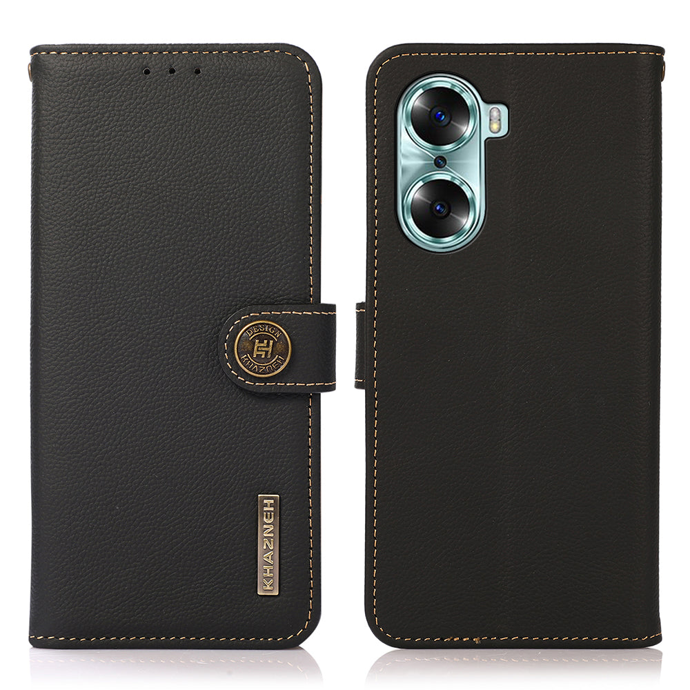 KHAZNEH Top Layer Genuine Leather Flip Wallet Case RFID Blocking Stand Shockproof TPU Inner Shell Phone Cover for Honor 60