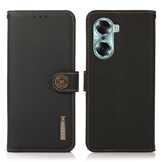 KHAZNEH Top Layer Genuine Leather Flip Wallet Case RFID Blocking Stand Shockproof TPU Inner Shell Phone Cover for Honor 60