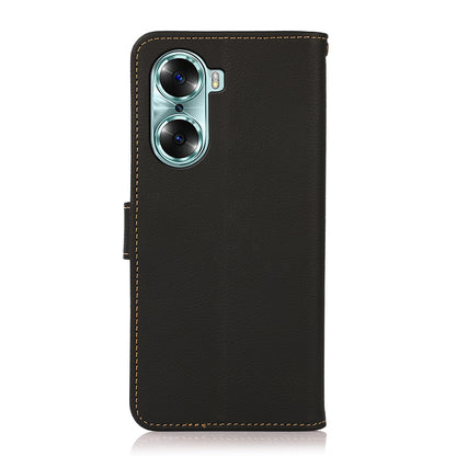 KHAZNEH Top Layer Genuine Leather Flip Wallet Case RFID Blocking Stand Shockproof TPU Inner Shell Phone Cover for Honor 60
