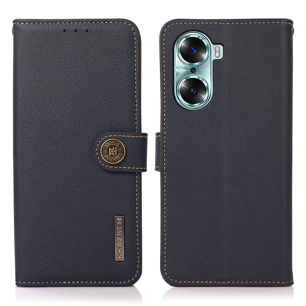 KHAZNEH Top Layer Genuine Leather Flip Wallet Case RFID Blocking Stand Shockproof TPU Inner Shell Phone Cover for Honor 60