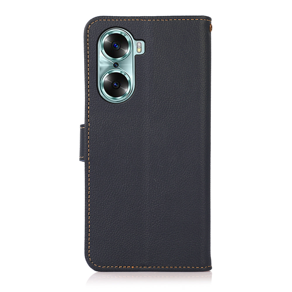 KHAZNEH Top Layer Genuine Leather Flip Wallet Case RFID Blocking Stand Shockproof TPU Inner Shell Phone Cover for Honor 60