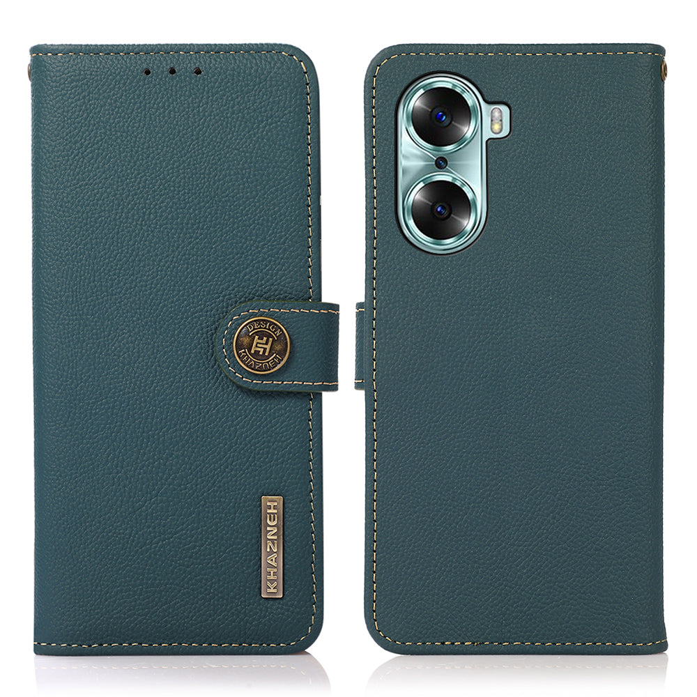 KHAZNEH Top Layer Genuine Leather Flip Wallet Case RFID Blocking Stand Shockproof TPU Inner Shell Phone Cover for Honor 60