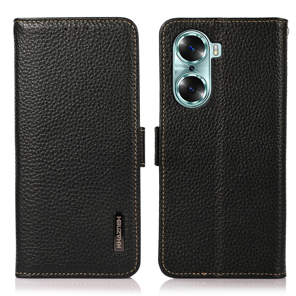 KHAZNEH RFID Blocking Flip Folio Wallet Case Stand Litchi Texture Top Layer Genuine Leather Phone Cover for Honor 60