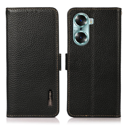 KHAZNEH RFID Blocking Flip Folio Wallet Case Stand Litchi Texture Top Layer Genuine Leather Phone Cover for Honor 60