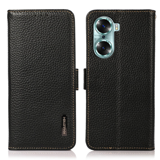 KHAZNEH RFID Blocking Flip Folio Wallet Case Stand Litchi Texture Top Layer Genuine Leather Phone Cover for Honor 60