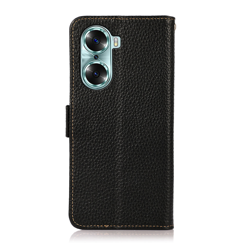 KHAZNEH RFID Blocking Flip Folio Wallet Case Stand Litchi Texture Top Layer Genuine Leather Phone Cover for Honor 60