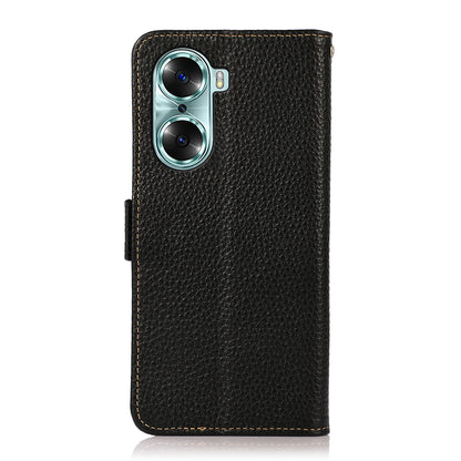KHAZNEH RFID Blocking Flip Folio Wallet Case Stand Litchi Texture Top Layer Genuine Leather Phone Cover for Honor 60