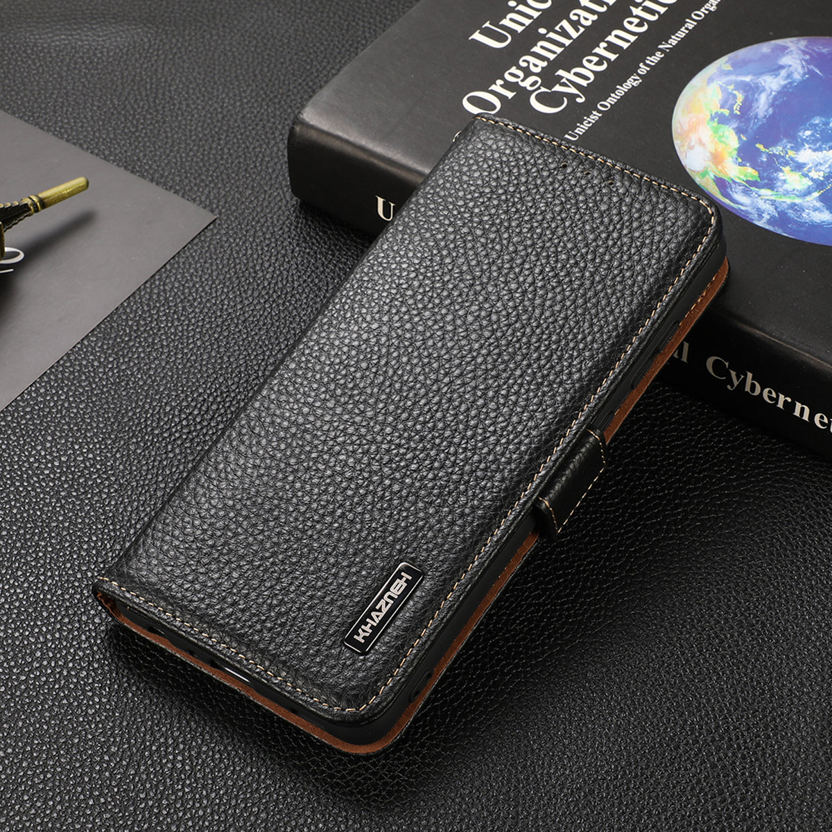 KHAZNEH RFID Blocking Flip Folio Wallet Case Stand Litchi Texture Top Layer Genuine Leather Phone Cover for Honor 60