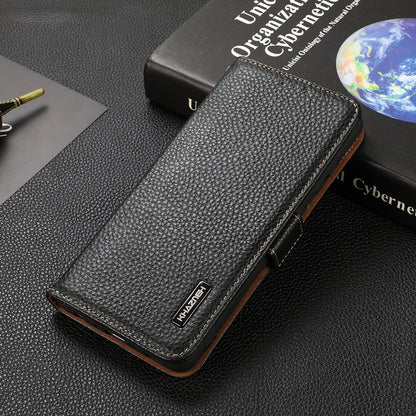 KHAZNEH RFID Blocking Flip Folio Wallet Case Stand Litchi Texture Top Layer Genuine Leather Phone Cover for Honor 60