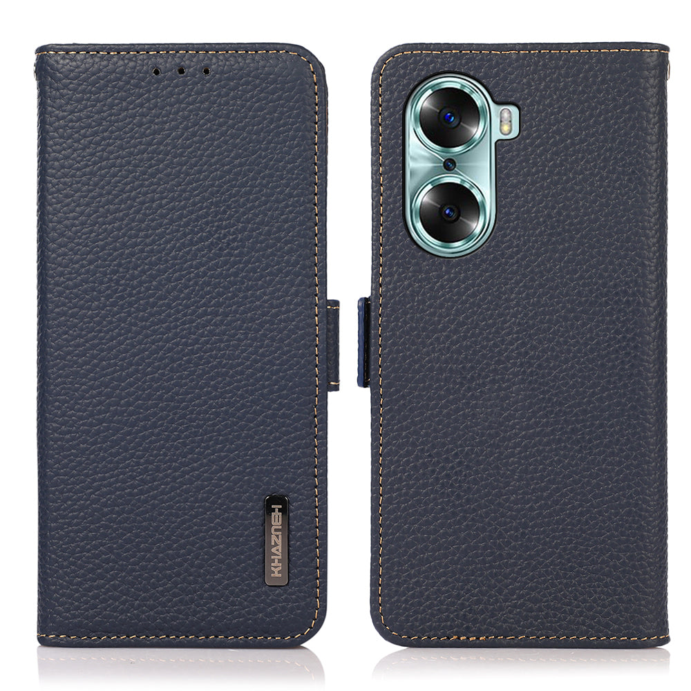 KHAZNEH RFID Blocking Flip Folio Wallet Case Stand Litchi Texture Top Layer Genuine Leather Phone Cover for Honor 60