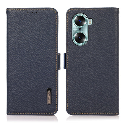 KHAZNEH RFID Blocking Flip Folio Wallet Case Stand Litchi Texture Top Layer Genuine Leather Phone Cover for Honor 60