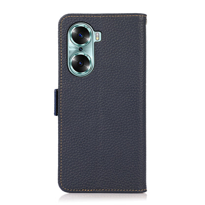 KHAZNEH RFID Blocking Flip Folio Wallet Case Stand Litchi Texture Top Layer Genuine Leather Phone Cover for Honor 60