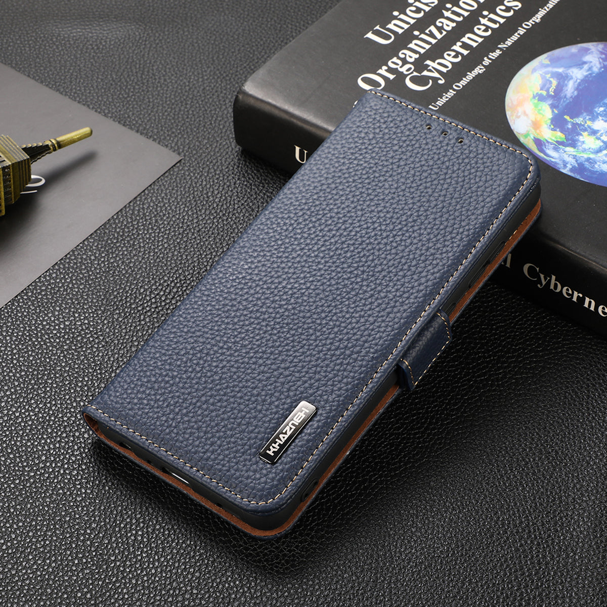 KHAZNEH RFID Blocking Flip Folio Wallet Case Stand Litchi Texture Top Layer Genuine Leather Phone Cover for Honor 60