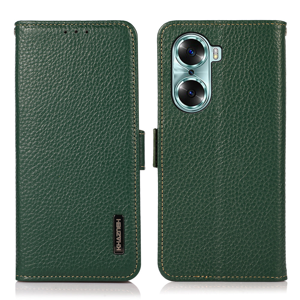 KHAZNEH RFID Blocking Flip Folio Wallet Case Stand Litchi Texture Top Layer Genuine Leather Phone Cover for Honor 60