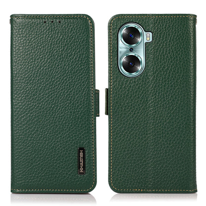 KHAZNEH RFID Blocking Flip Folio Wallet Case Stand Litchi Texture Top Layer Genuine Leather Phone Cover for Honor 60