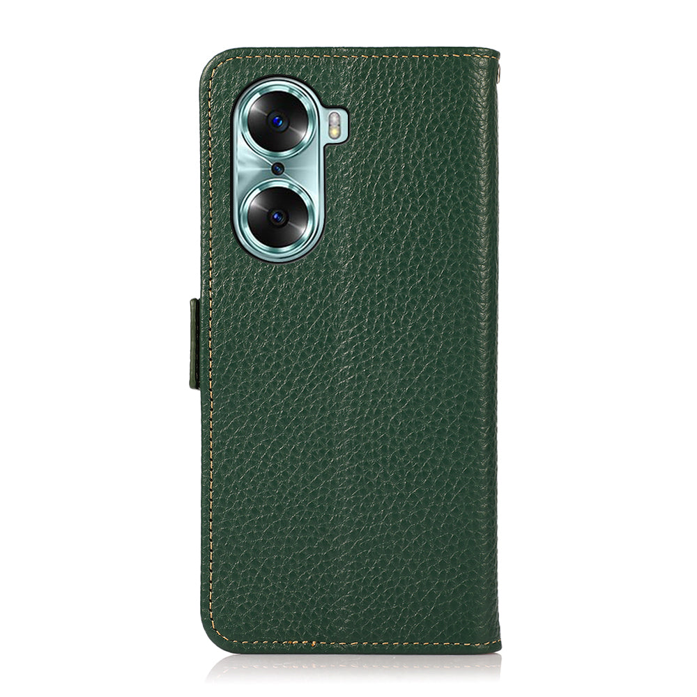 KHAZNEH RFID Blocking Flip Folio Wallet Case Stand Litchi Texture Top Layer Genuine Leather Phone Cover for Honor 60