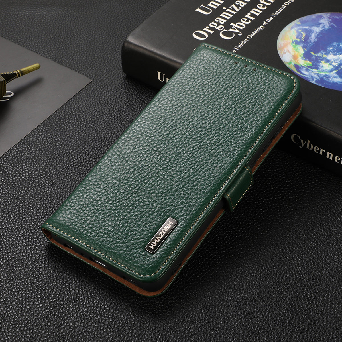KHAZNEH RFID Blocking Flip Folio Wallet Case Stand Litchi Texture Top Layer Genuine Leather Phone Cover for Honor 60