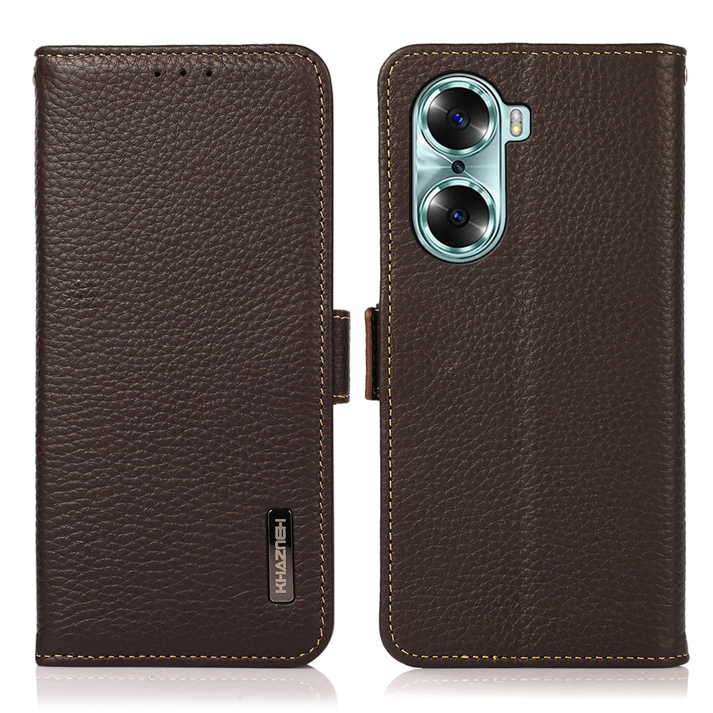 KHAZNEH RFID Blocking Flip Folio Wallet Case Stand Litchi Texture Top Layer Genuine Leather Phone Cover for Honor 60