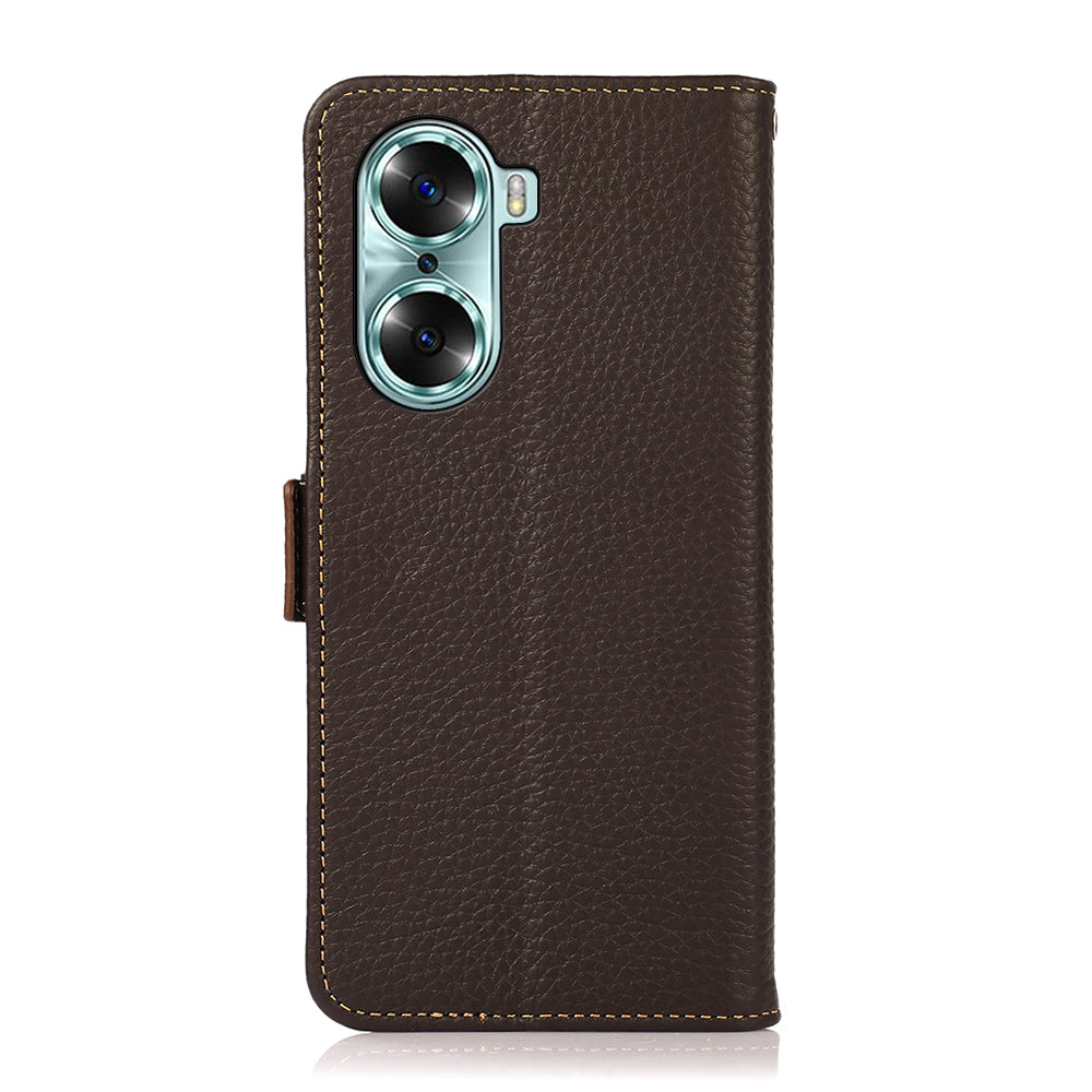 KHAZNEH RFID Blocking Flip Folio Wallet Case Stand Litchi Texture Top Layer Genuine Leather Phone Cover for Honor 60