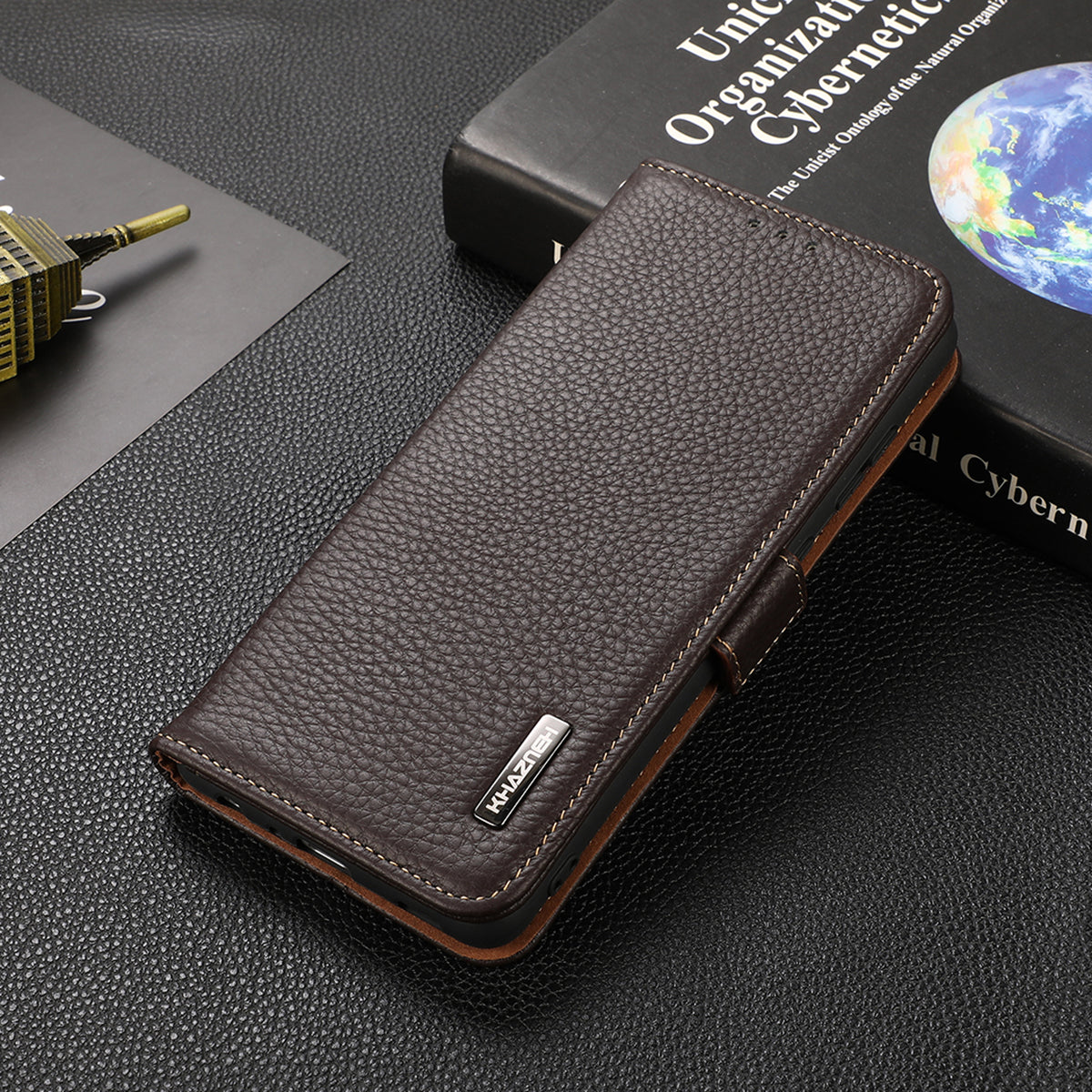 KHAZNEH RFID Blocking Flip Folio Wallet Case Stand Litchi Texture Top Layer Genuine Leather Phone Cover for Honor 60