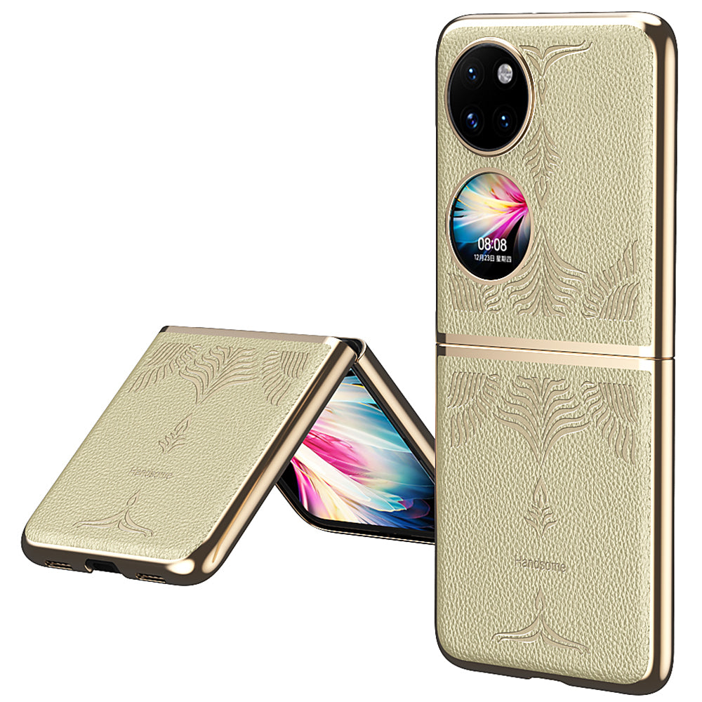 For Huawei P50 Pocket Electroplating Frame Design Textured PU Leather Coated Hard PC Phone Case Cover