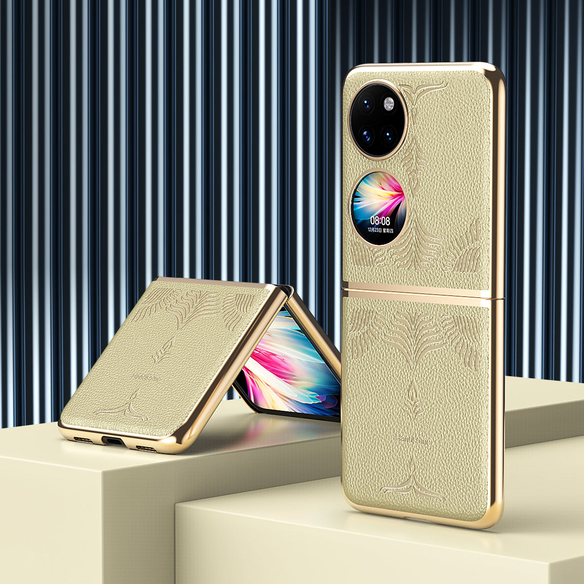 For Huawei P50 Pocket Electroplating Frame Design Textured PU Leather Coated Hard PC Phone Case Cover