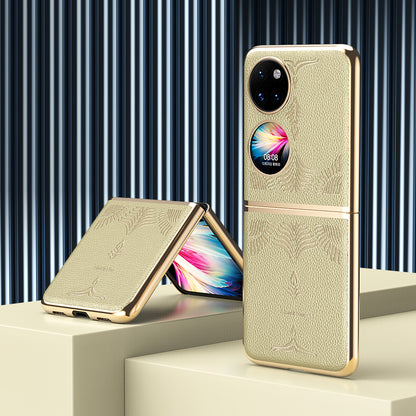 For Huawei P50 Pocket Electroplating Frame Design Textured PU Leather Coated Hard PC Phone Case Cover