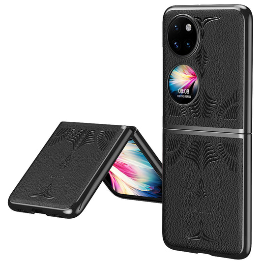 For Huawei P50 Pocket Electroplating Frame Design Textured PU Leather Coated Hard PC Phone Case Cover