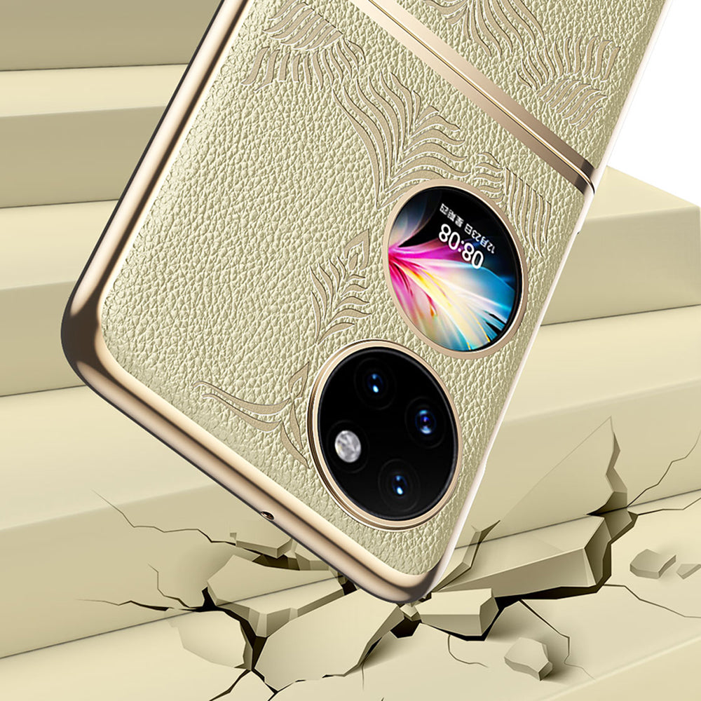 For Huawei P50 Pocket Electroplating Frame Design Textured PU Leather Coated Hard PC Phone Case Cover