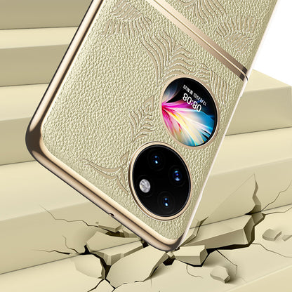 For Huawei P50 Pocket Electroplating Frame Design Textured PU Leather Coated Hard PC Phone Case Cover