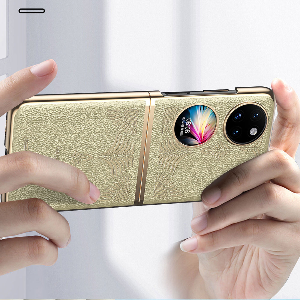 For Huawei P50 Pocket Electroplating Frame Design Textured PU Leather Coated Hard PC Phone Case Cover