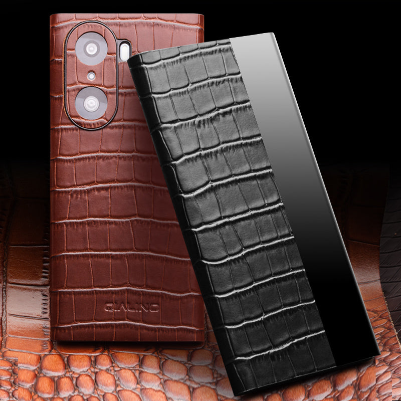 QIALINO Transparent View Window Cowhide Leather Case for Honor 60 Pro, Crocodile Texture Phone Cover