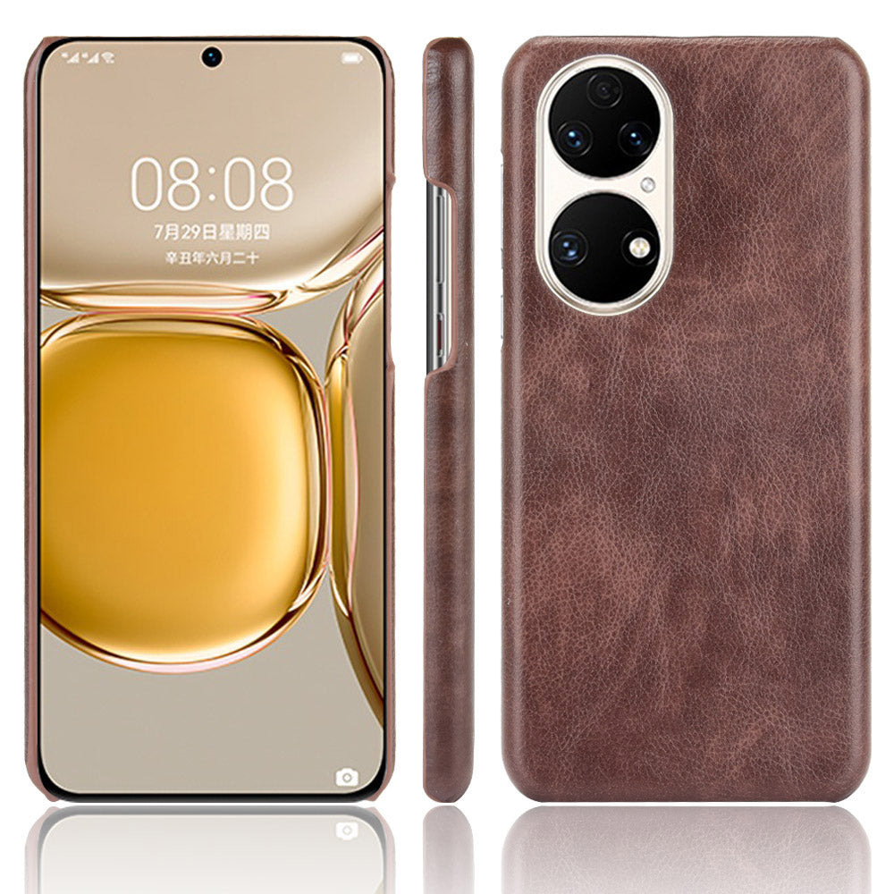 For Huawei P50 Pro Litchi Texture Scratch-resistant PU Leather Coated Phone Cover Hard PC Back Case
