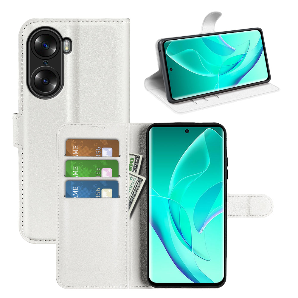 PU Leather Case for Honor 60, Litchi Texture Folding Stand Wallet Flip Cover with Magnetic Clasp