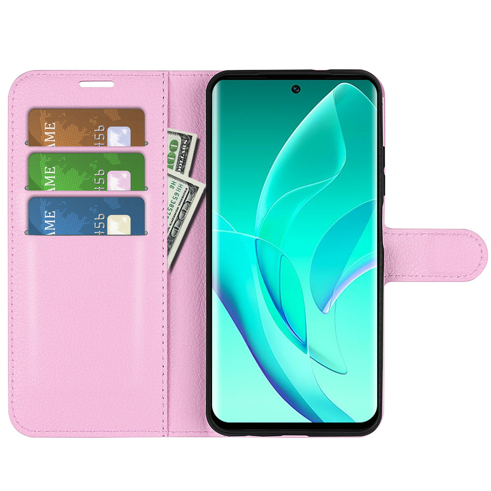 PU Leather Case for Honor 60, Litchi Texture Folding Stand Wallet Flip Cover with Magnetic Clasp