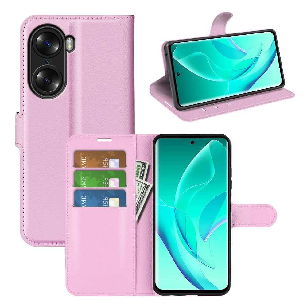 PU Leather Case for Honor 60, Litchi Texture Folding Stand Wallet Flip Cover with Magnetic Clasp